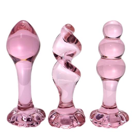 3 Butt Plugs Pink Crystal Glass