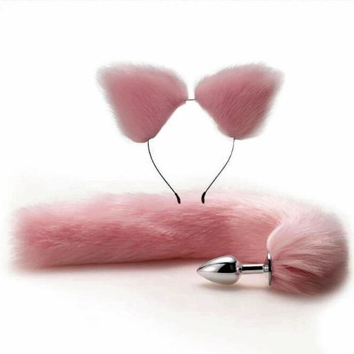 Metal Anal Butt plug Fox tail set with Kitty ears Headband. Cosplay. PINK