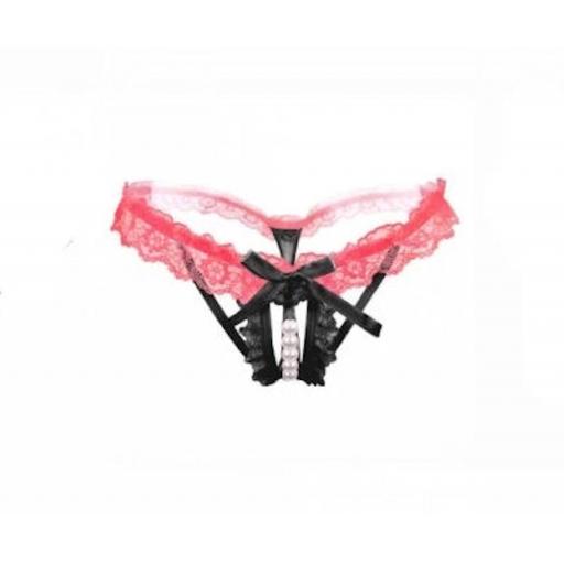 Red and Black crotchless pearls thong / panties