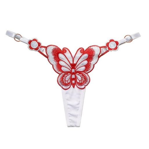 Thong, Embroidered butterfly. White and Red