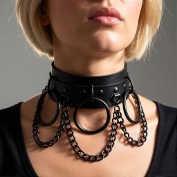 Vegan Leather Choker With Black Rings and Chain Design  on model.jpg