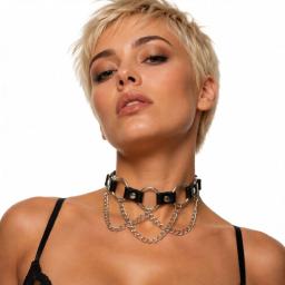 Vegan Leather Choker with Five Circle Design on model.jpg