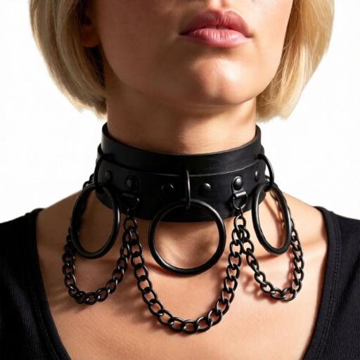 Vegan Leather Choker With Black Rings and Chain Design